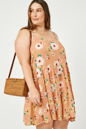 HJ3433 Salmon Womens Floral Tiered Sleeveless Swing Dress Front